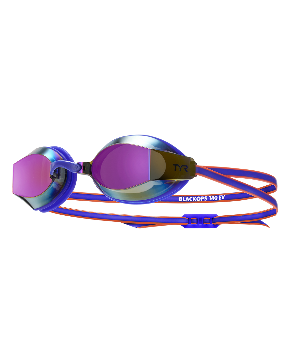 TYR Black Ops 140 EV racing goggles with mirrored rainbow lenses and blue straps