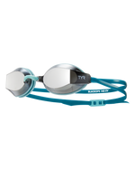 TYR Black Ops 140 EV racing goggles with mirrored lenses and teal straps