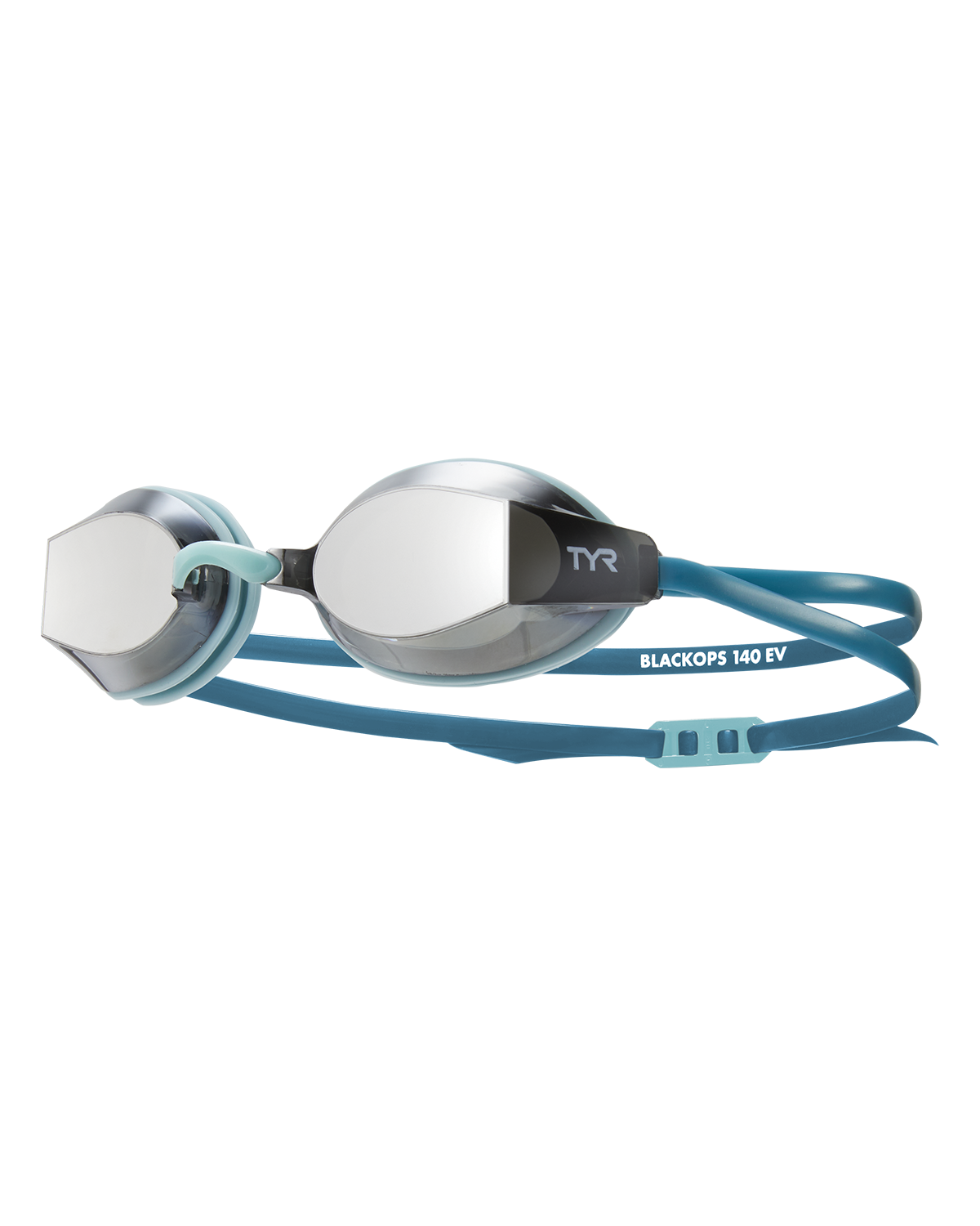TYR Black Ops 140 EV racing goggles with mirrored lenses and teal straps