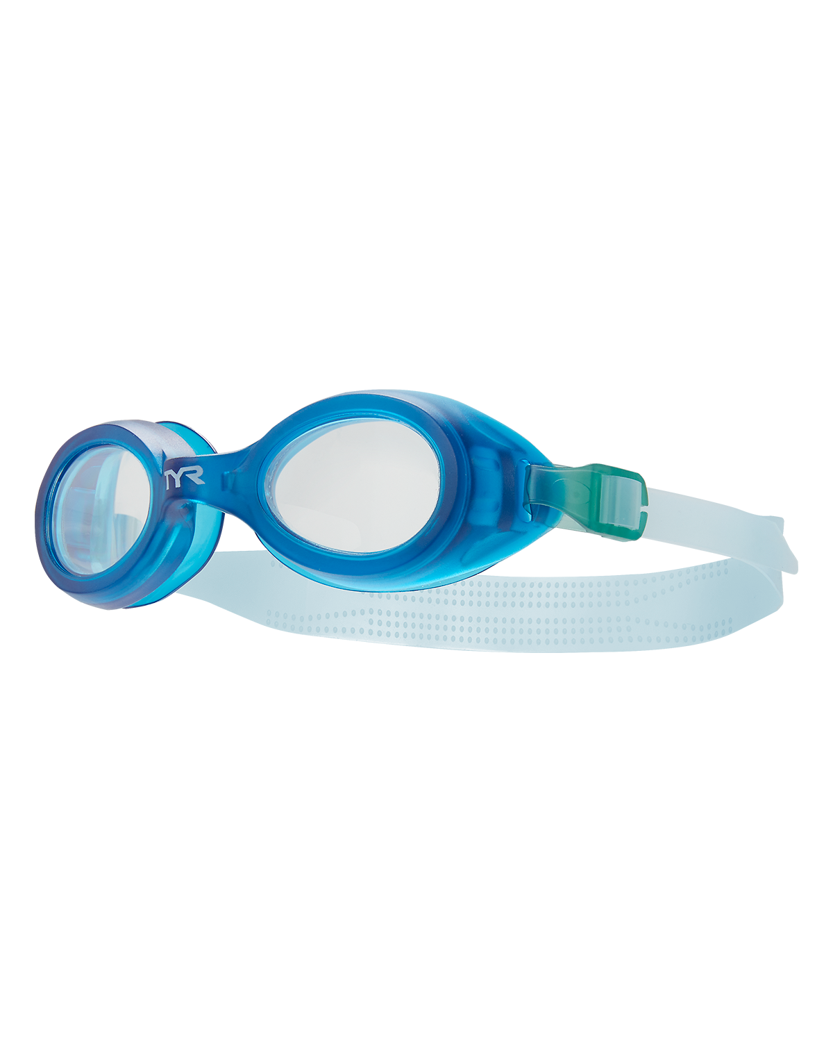 TYR Aqua Blaze kids swimming goggles in clear light blue with blue frame
