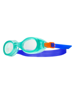 TYR Aqua Blaze kids swimming goggles with mint green frame and blue strap