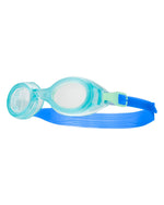 TYR Aqua Blaze kids swimming goggles with blue strap and turquoise frame