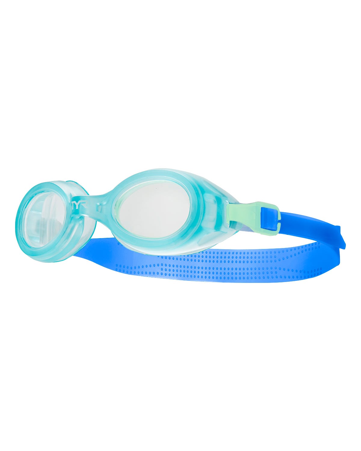 TYR Aqua Blaze kids swimming goggles in clear and light blue with blue strap