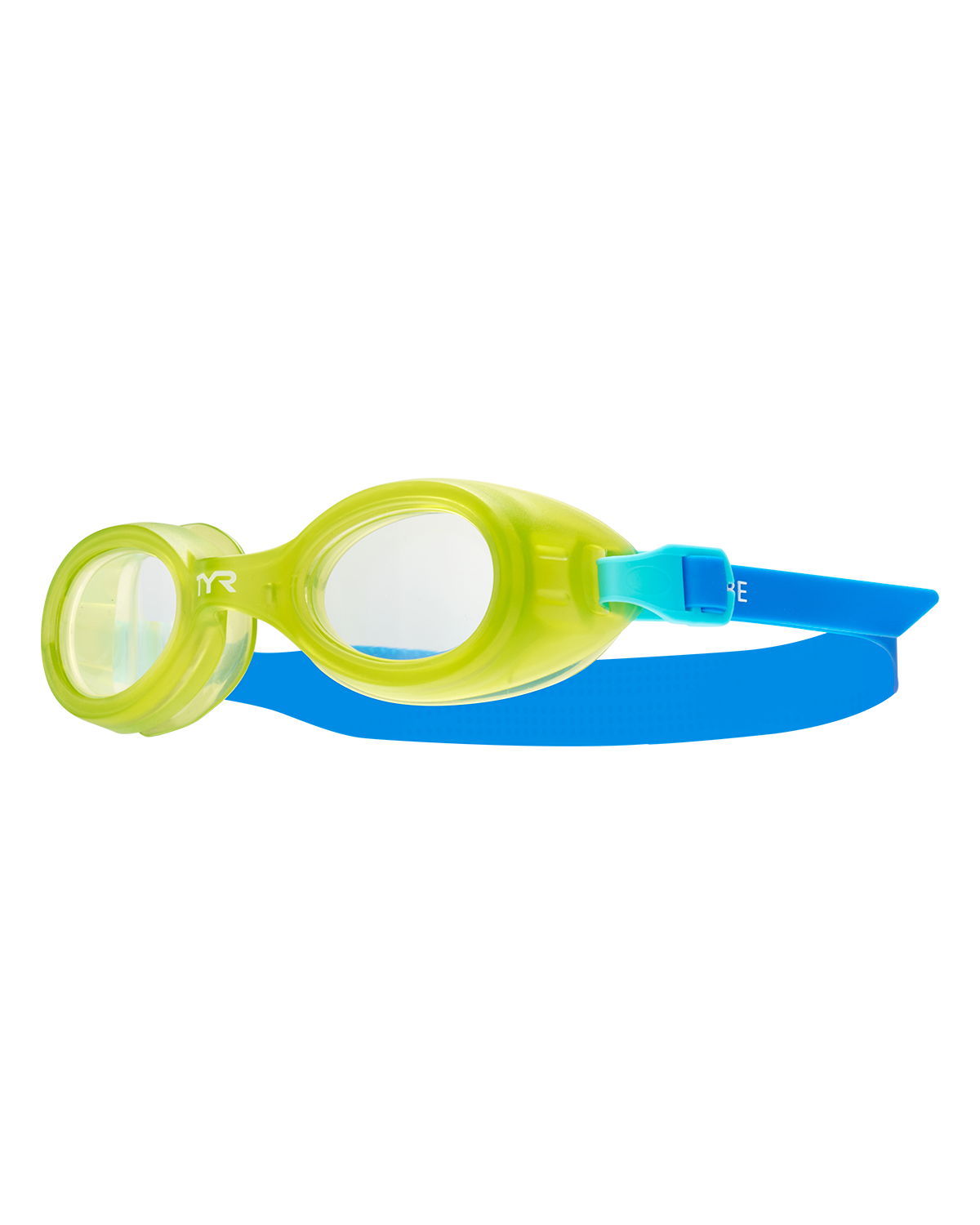 TYR Aqua Blaze kids swimming goggles with clear yellow frame and blue strap
