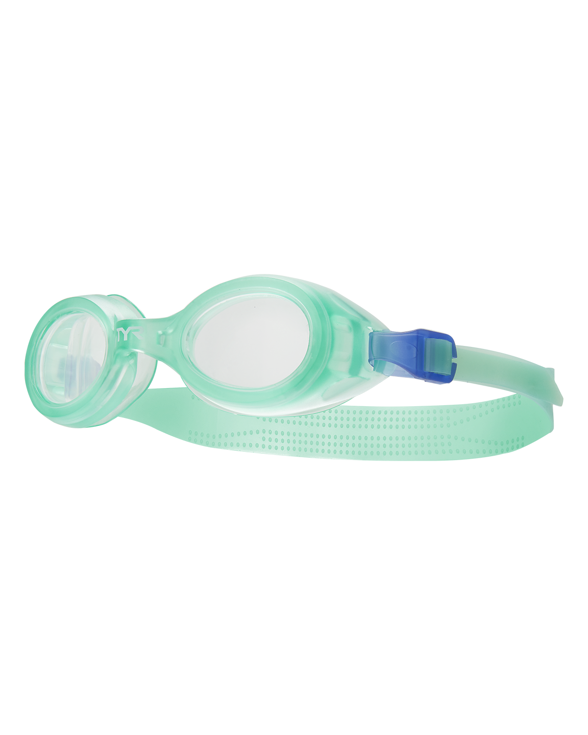 TYR Aqua Blaze kids swimming goggles in clear light green with blue strap accents