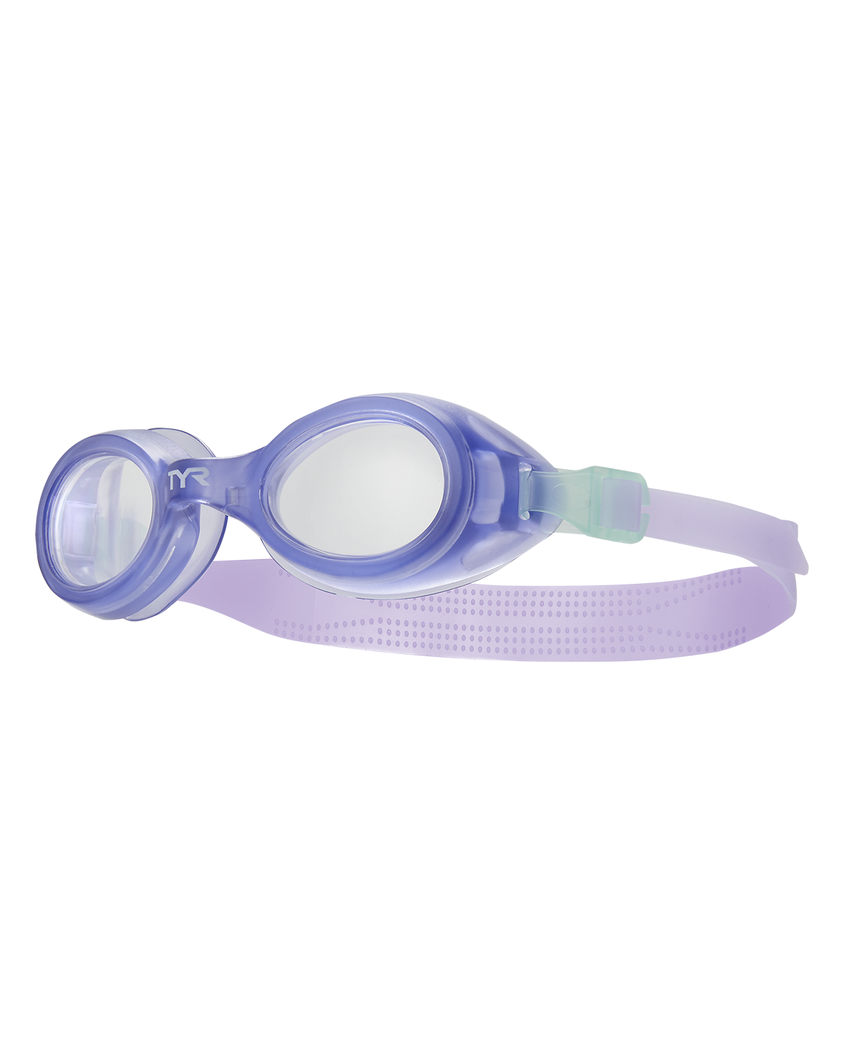 TYR Aqua Blaze kids swimming goggles in clear purple with adjustable strap