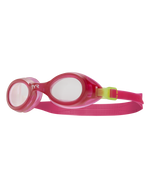 TYR Aqua Blaze kids swimming goggles in raspberry pink with green accents