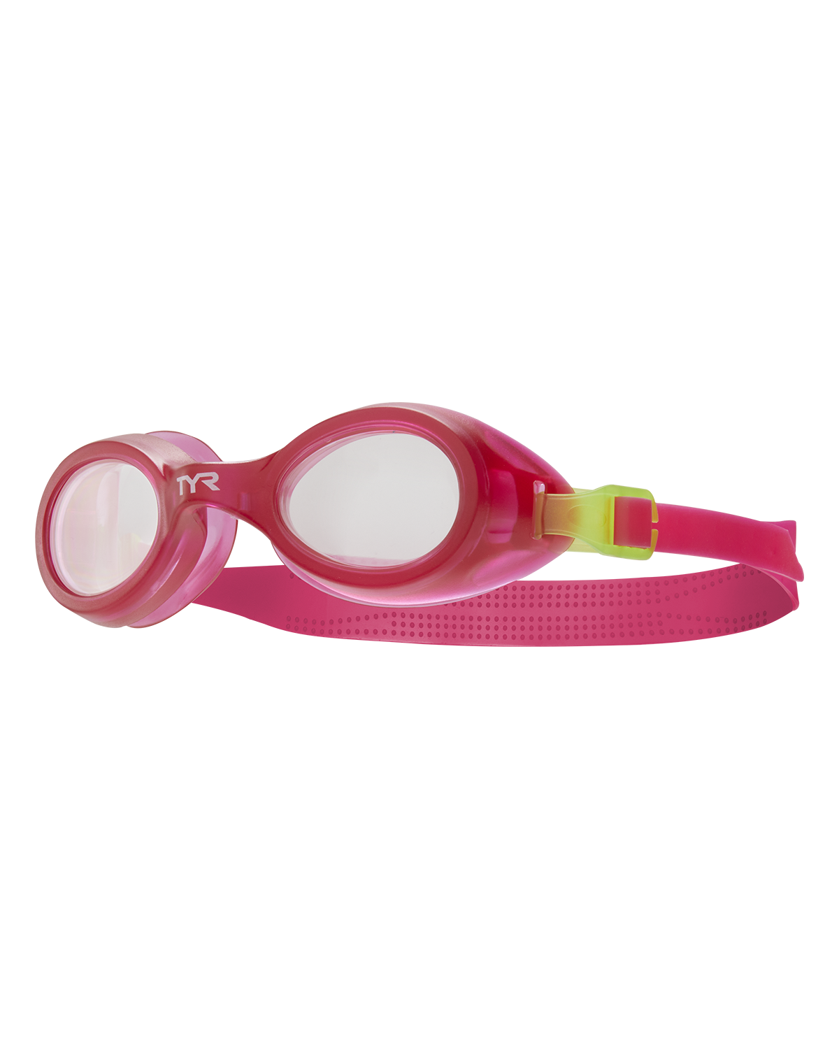 TYR pink swimming goggles with clear lenses and adjustable strap for kids