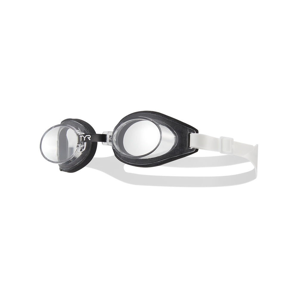 TYR youth swimming goggles with clear lenses and black frame on white background