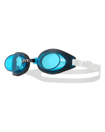 TYR youth swimming goggles with blue lenses and clear silicone strap