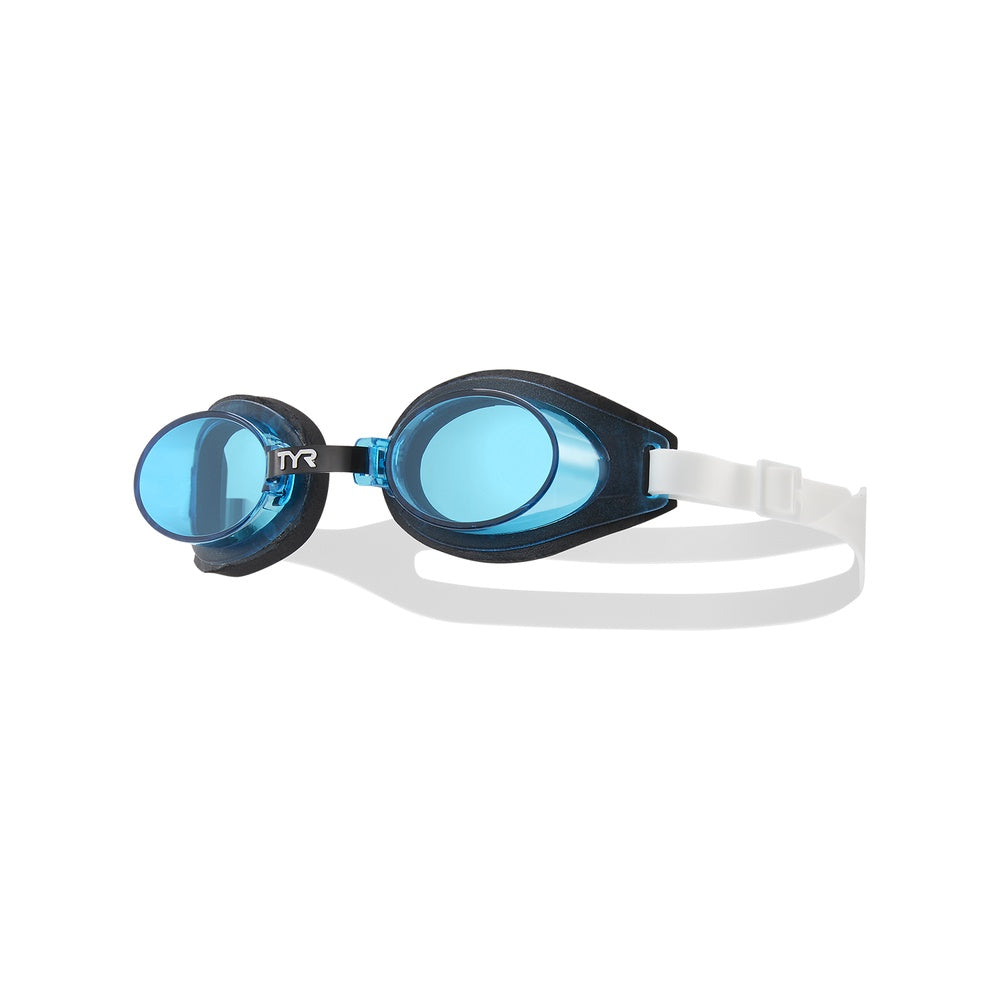 TYR blue swimming goggles with clear strap on white background