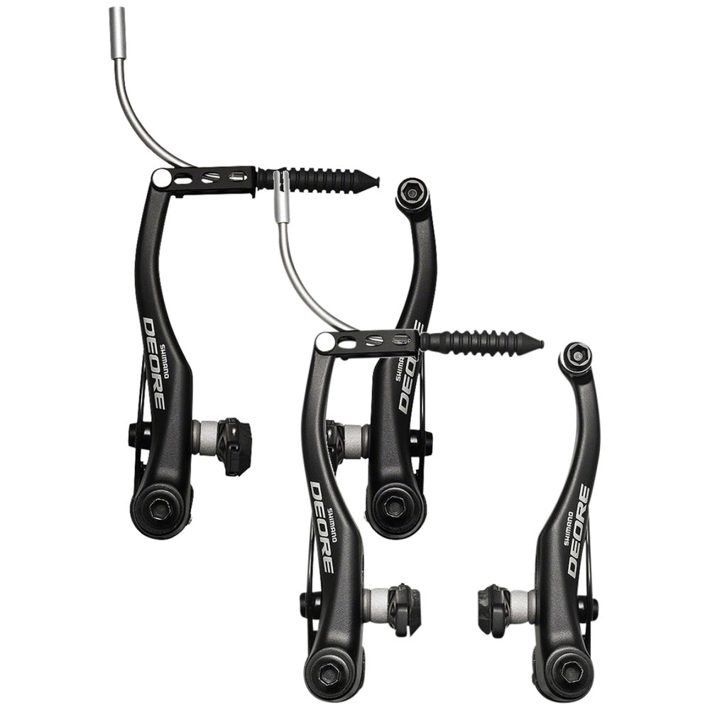 Shimano Deore V-Brake set in matte black with cable and brake pads on white background