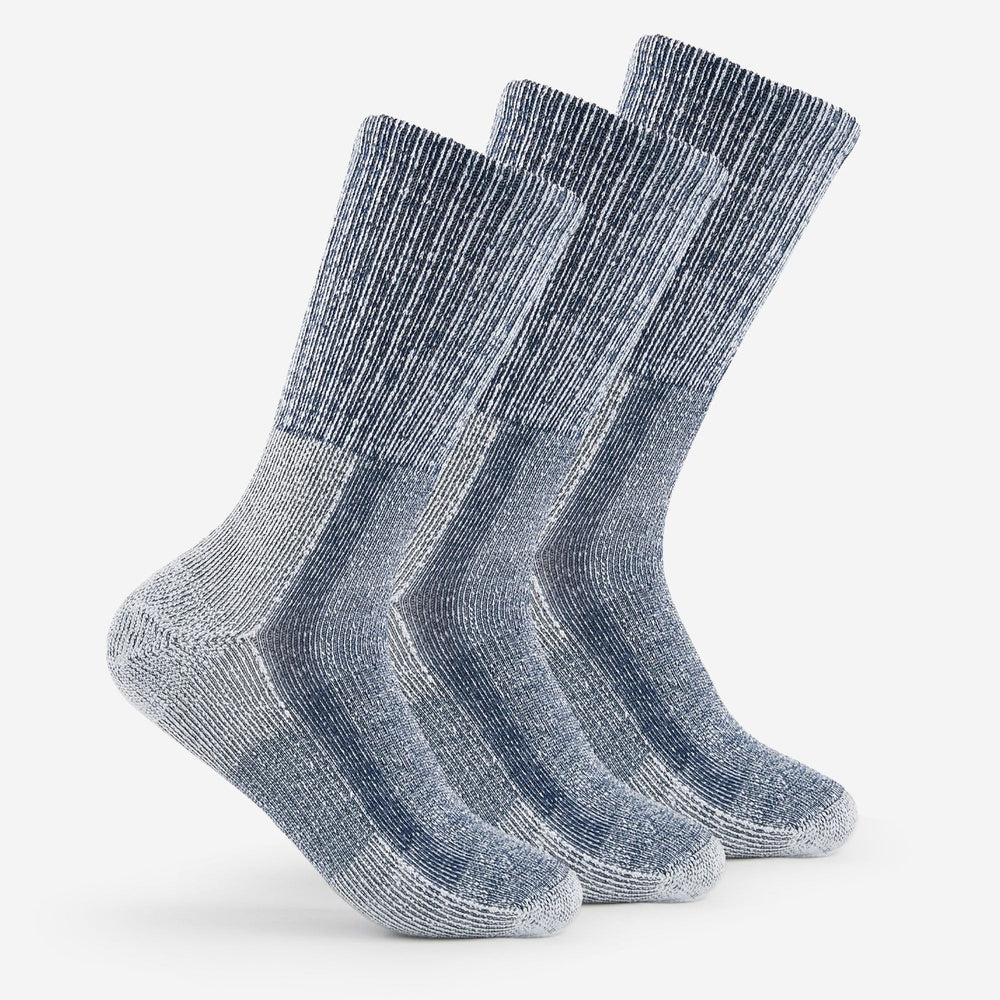 Three pairs of heathered blue-gray hiking socks with ribbed cuffs