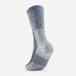 Thorlos hiking crew sock in grey and navy blue marl knit texture, side view