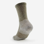 Thorlos hiking crew sock in grey and olive green marl, shown from rear angle