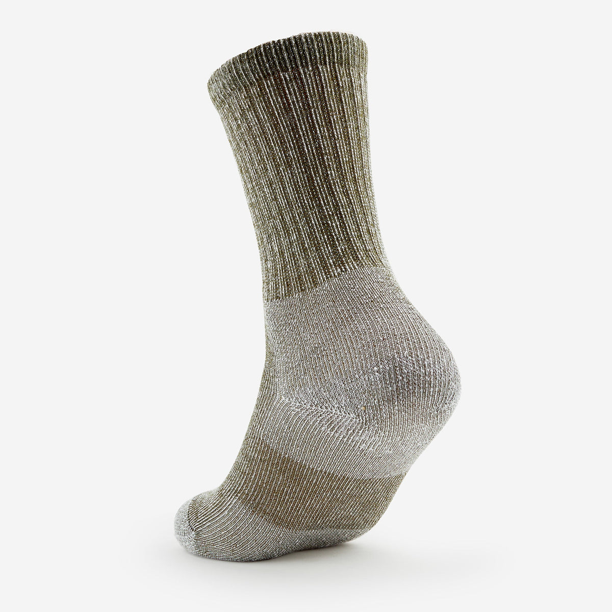 Thorlos hiking crew sock in grey and olive green marl, shown from rear angle