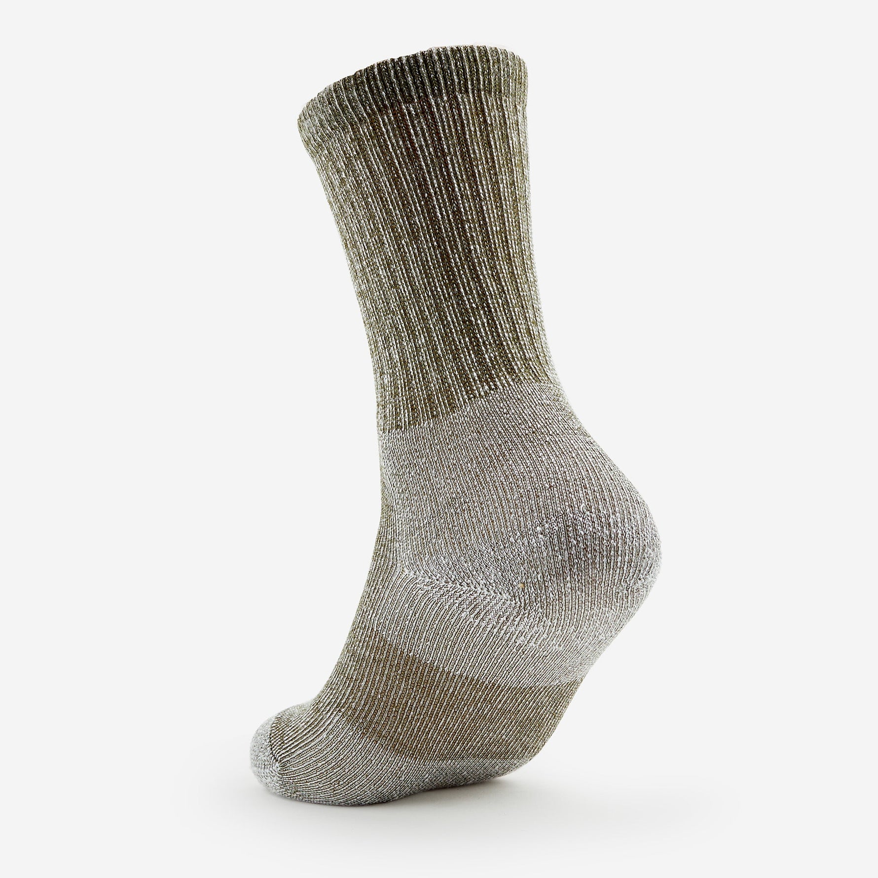 Thorlos men's olive khaki crew running sock with ribbed cuff and cushioned areas