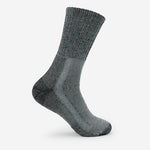Thorlos grey hiking crew sock with cushioned sole and reinforced heel and toe