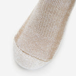Close-up of khaki colored crew sock showing knit texture and reinforced heel