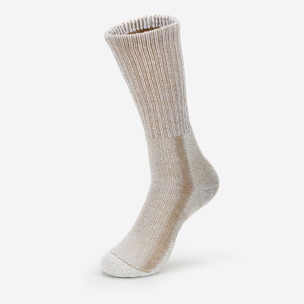 Thorlos LTH Light Hiking crew sock in walnut heathered tan standing upright on white background