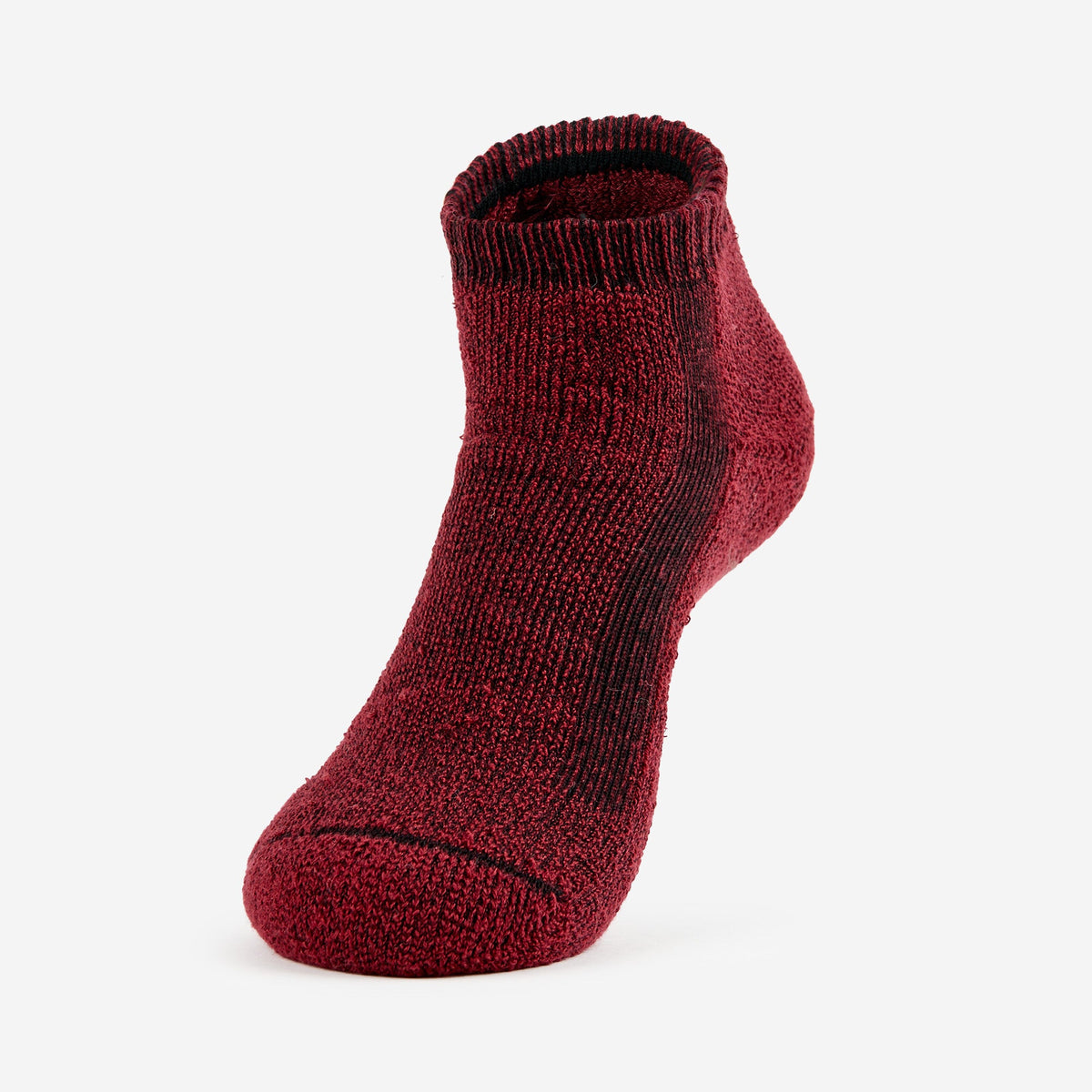 Thorlos hiking low cut ankle sock in burgundy with black marl texture on white background