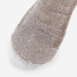 Close-up of Thorlos hiking sock toe in walnut heather brown and white blend