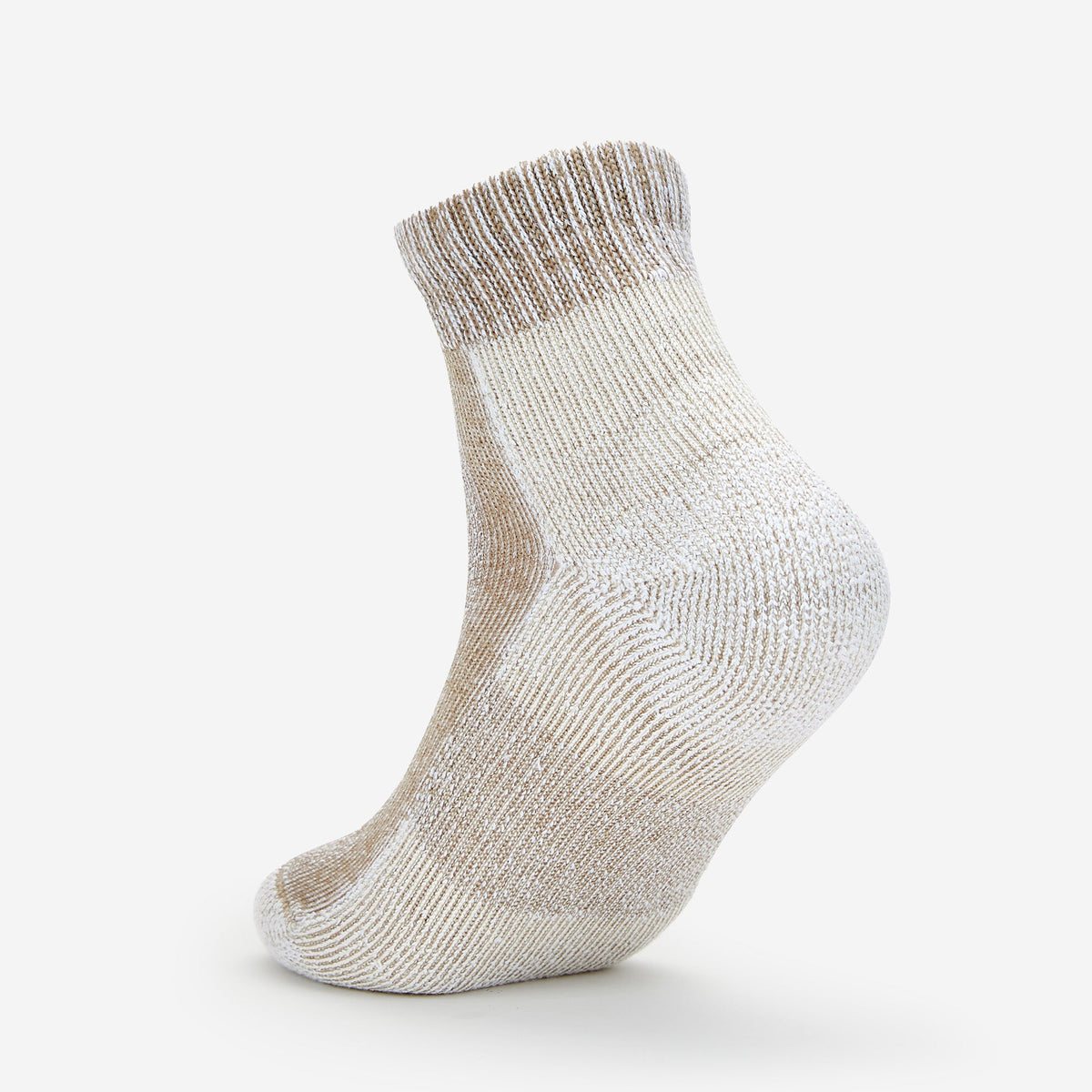 Thorlos light hiking mini crew sock in khaki heather, rear heel view showing cushioning