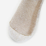 Close-up of Thorlos hiking sock toe area in khaki heather showing knit texture and seam