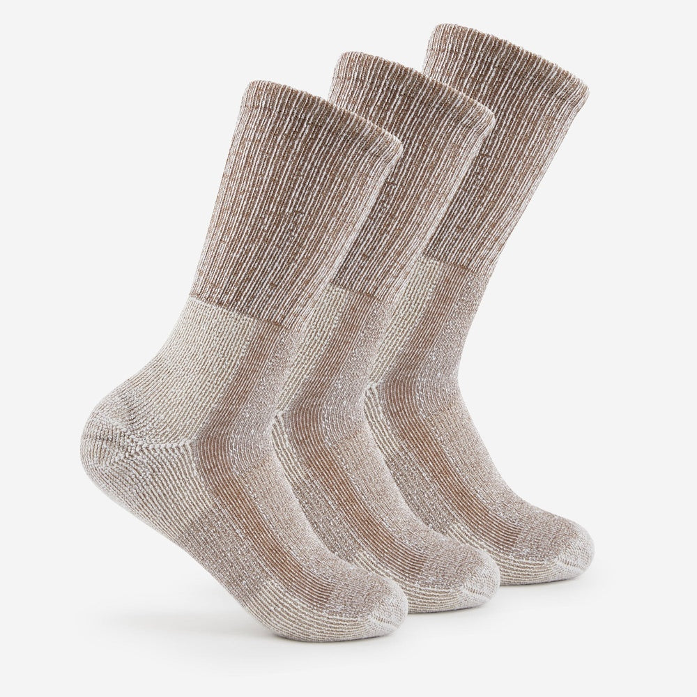 Thorlos Light Hiking Moderate Cushion crew socks in khaki heather, three-pack display