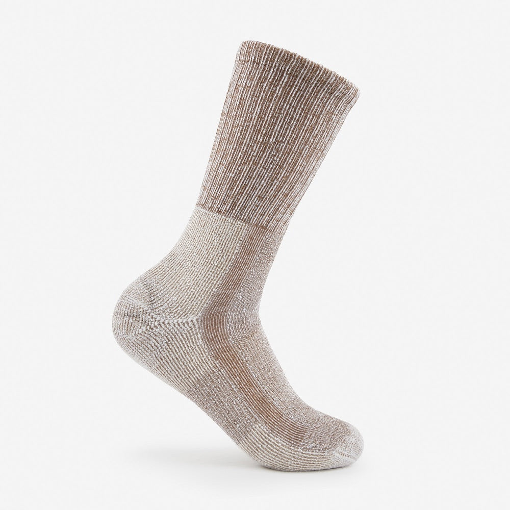 Thorlos women's light hiking crew sock in khaki heathered brown and white blend