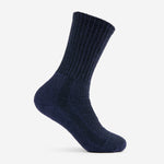 Thorlos women's navy blue crew hiking sock with moderate cushioning on white background