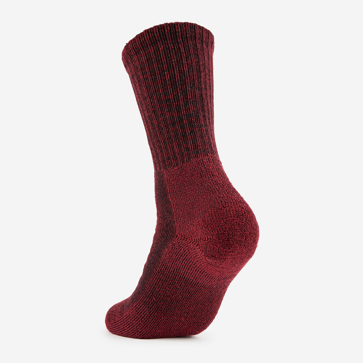 Thorlos women's crew hiking sock in burgundy marled wool blend, side view