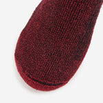 Thorlos hiking crew sock toe closeup in burgundy black marl knit fabric