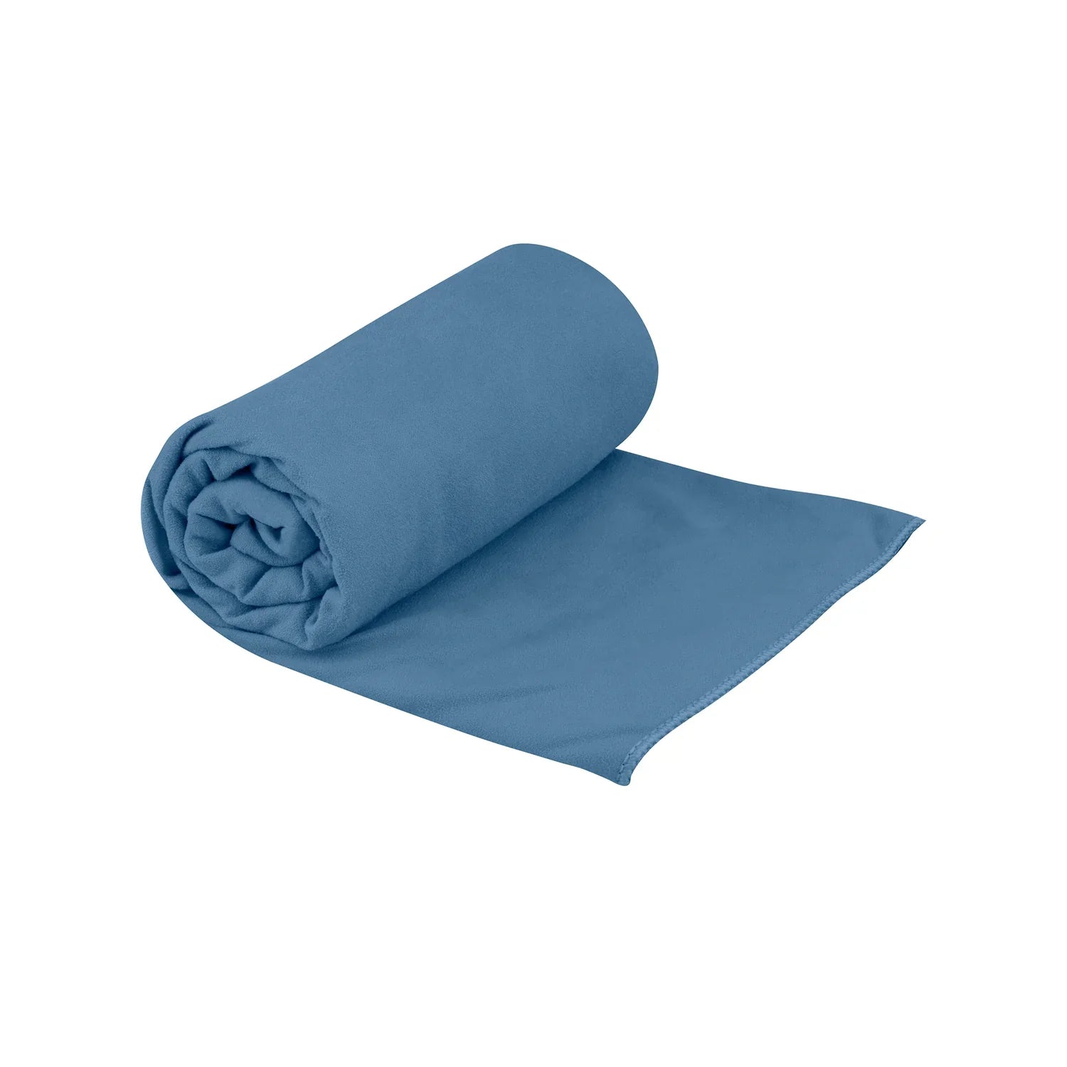 Sea to Summit Drylite Towel in Moonlight Blue, rolled and partially unrolled on white background