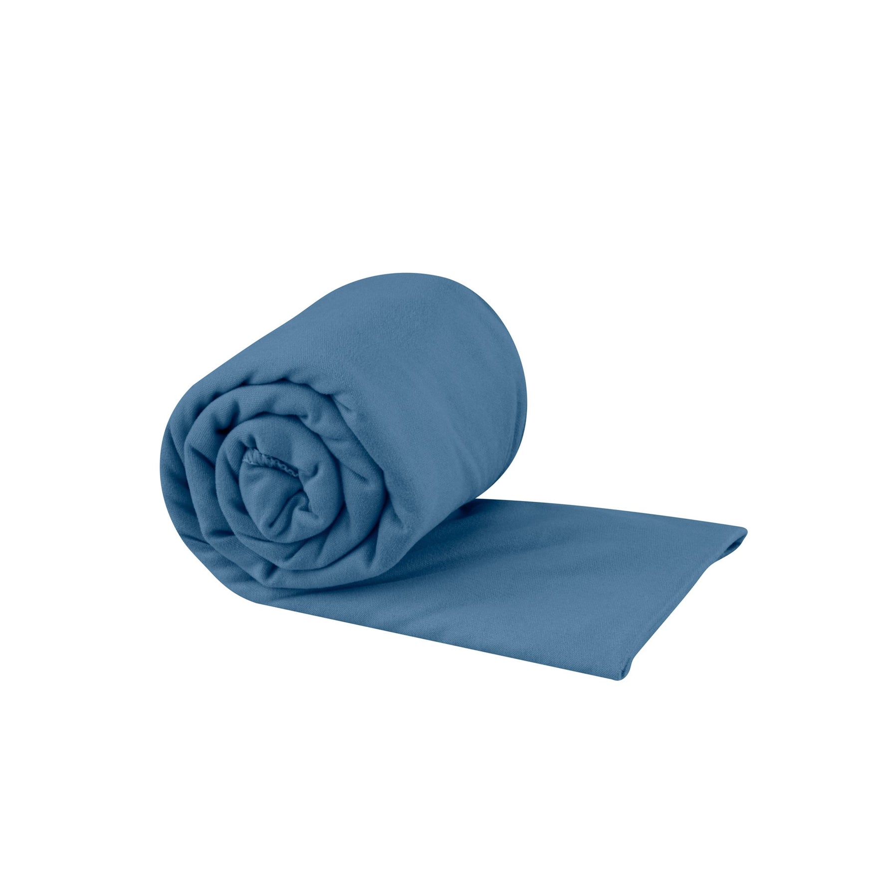 Sea To Summit Pocket Towel in blue color, rolled and partially unfolded