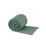 Sea To Summit Pocket Towel in sage green color, rolled and partially unrolled