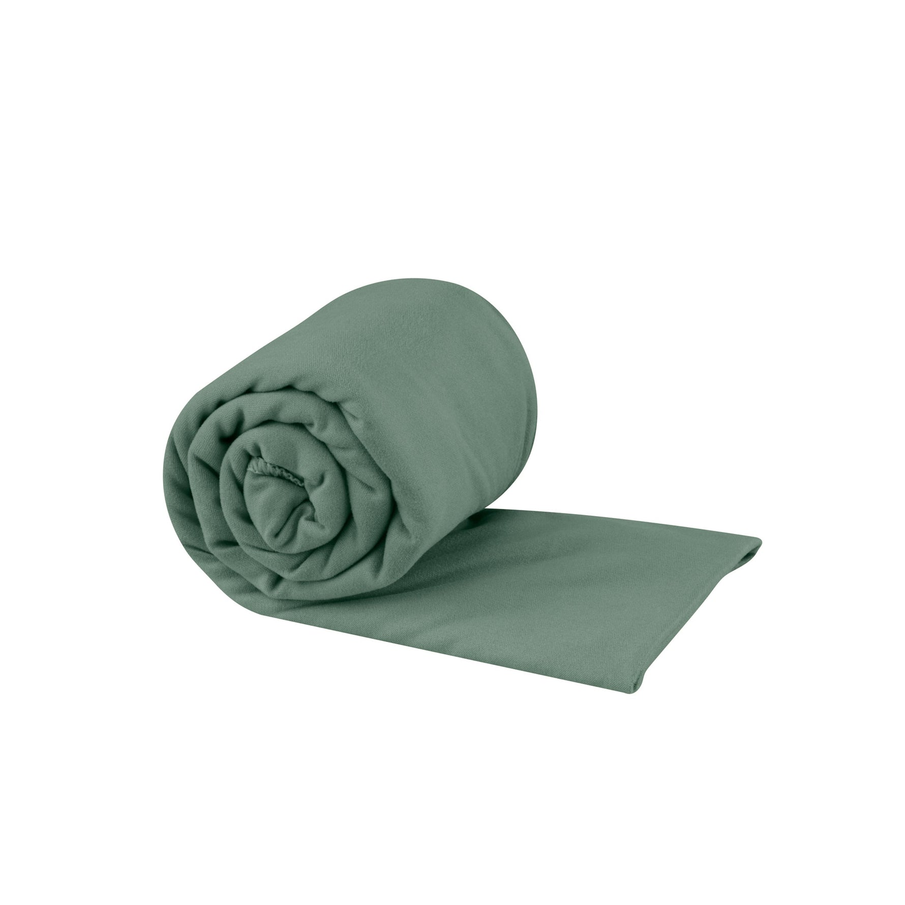 Sea To Summit Pocket Towel in sage green color, rolled and partially unrolled