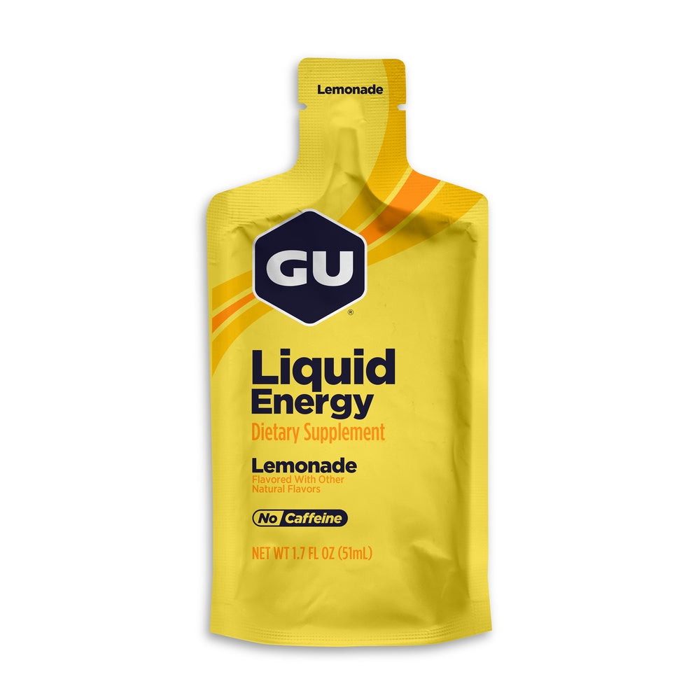 GU Liquid Energy lemonade flavor supplement pouch in yellow packaging