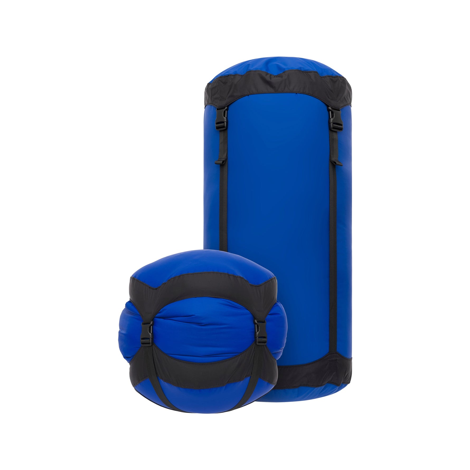 Sea to Summit blue compression sack shown compressed and uncompressed with black straps