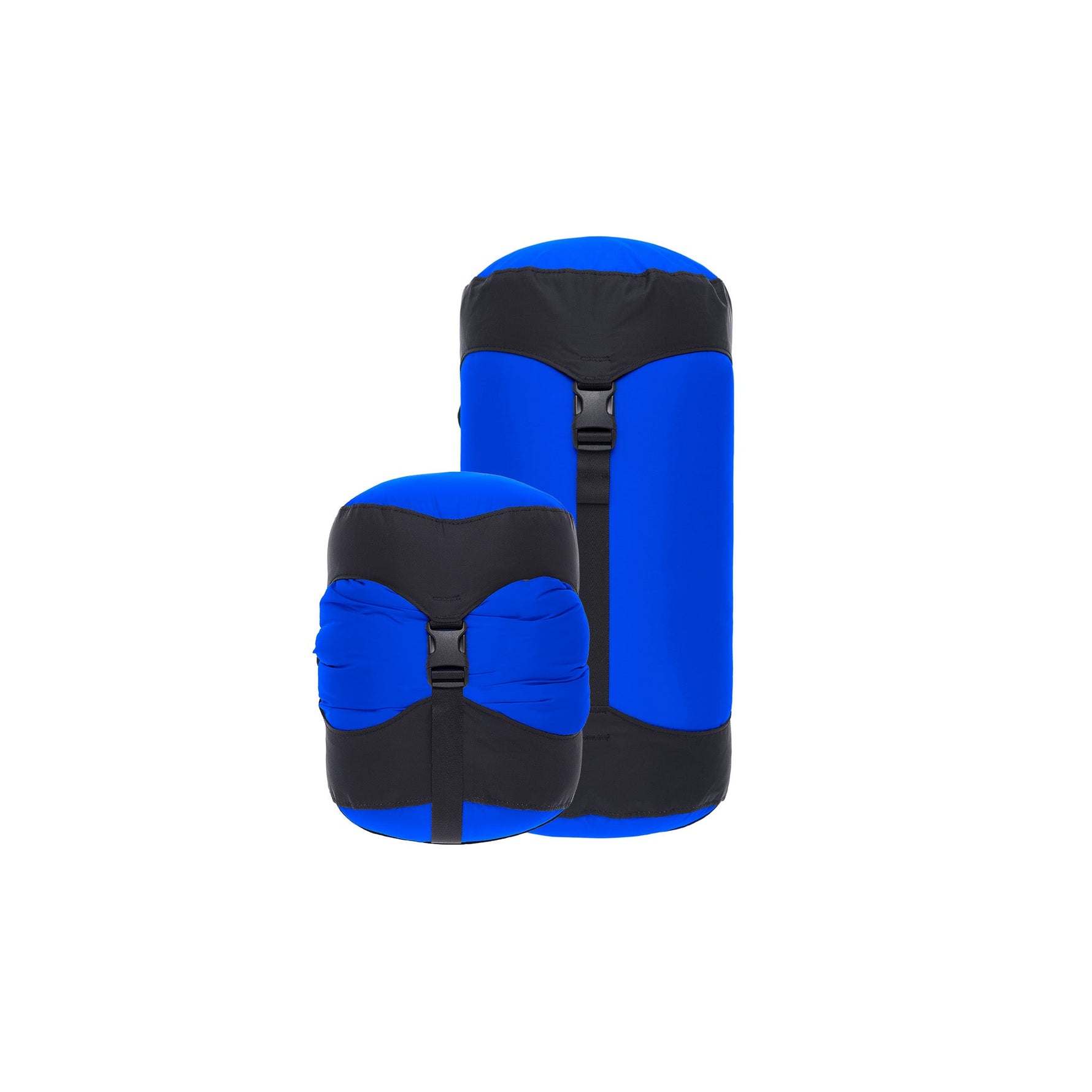 Two blue and black Sea to Summit lightweight compression sacks on white background