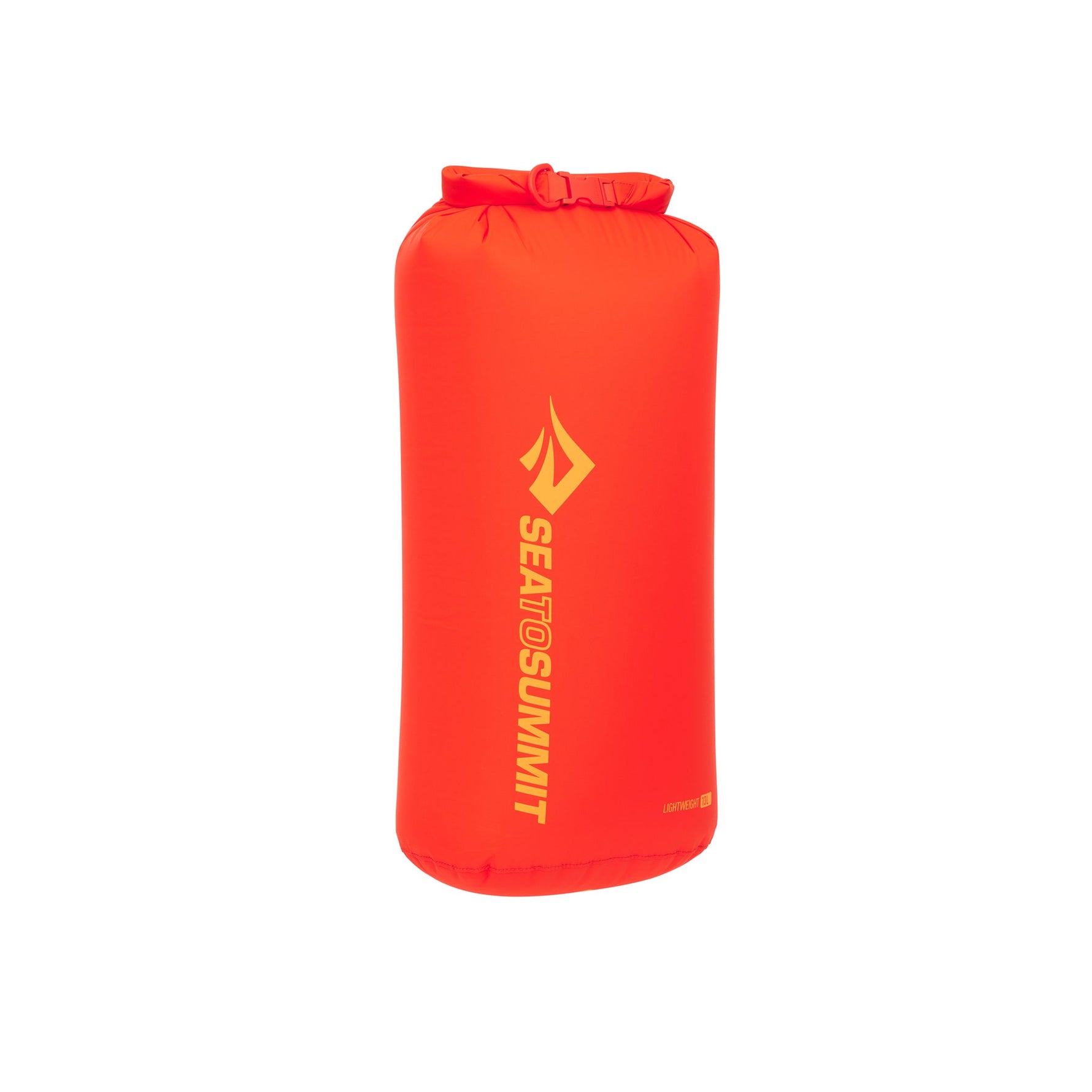 Sea to Summit lightweight dry bag in bright orange with yellow logo and text