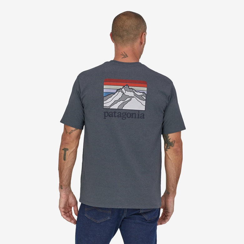 Patagonia Men's Line Logo Ridge Pocket Responsibili-Tee in Plume Grey, back view showing mountain graphic