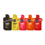 GU Liquid Energy gel variety pack showing five different flavors with quantity indicators