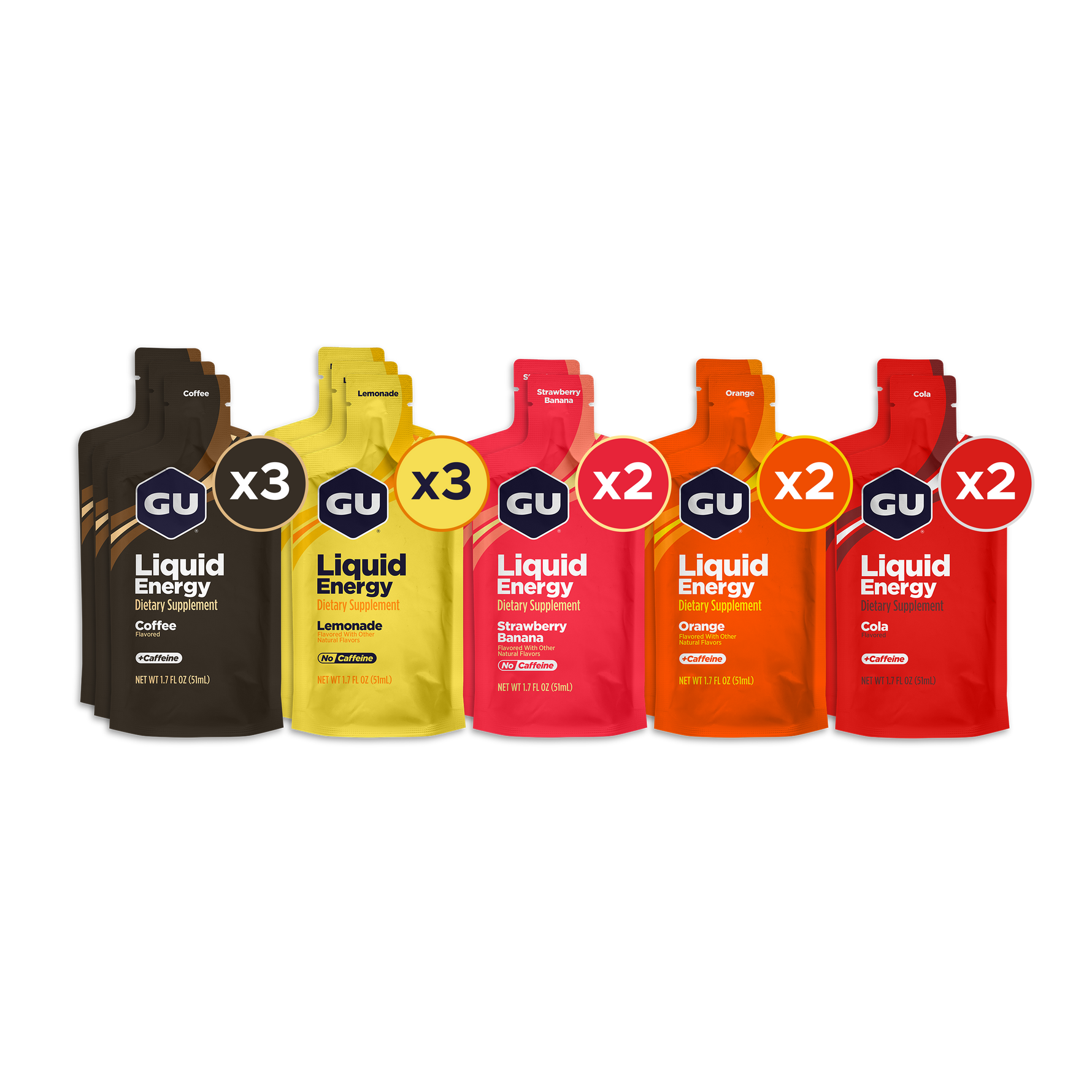 GU Liquid Energy gel variety pack showing five different flavors with quantity indicators