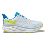 Hoka Clifton 9 men's running shoe in Ice Water Evening Primrose colorway with blue and yellow accents