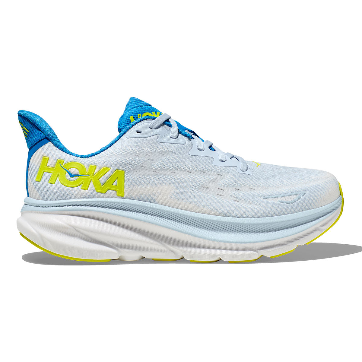 Hoka Clifton 9 men's running shoe in Ice Water Evening Primrose colorway with blue and yellow accents