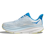 Hoka Clifton 9 running shoe in Ice Water Evening Primrose colorway with blue and yellow details
