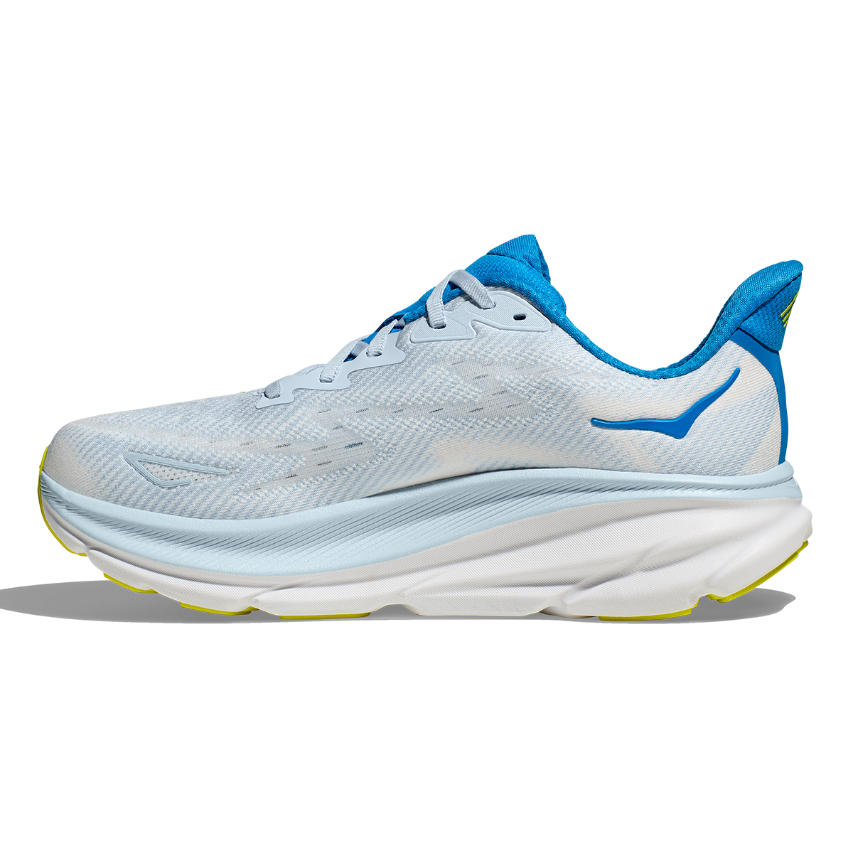 Hoka Clifton 9 running shoe in Ice Water Evening Primrose colorway with blue and yellow details
