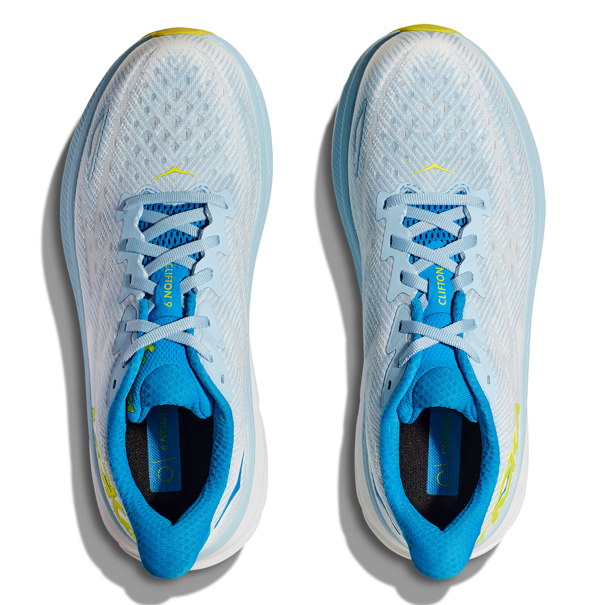 Hoka Clifton 9 running shoes in Ice Water Evening Primrose colorway top view