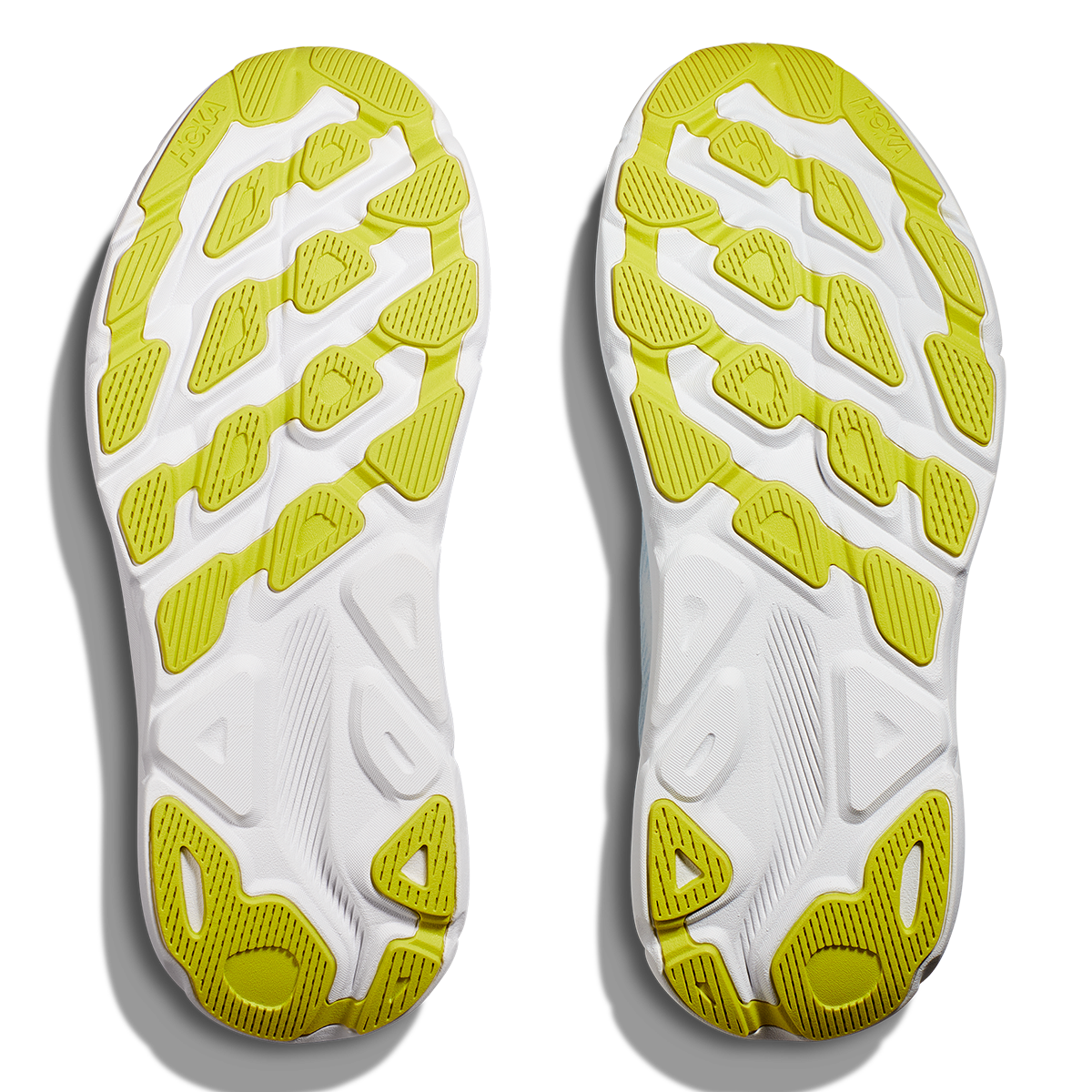 Hoka Clifton 9 running shoes in Ice Water Evening Primrose colorway showing sole view